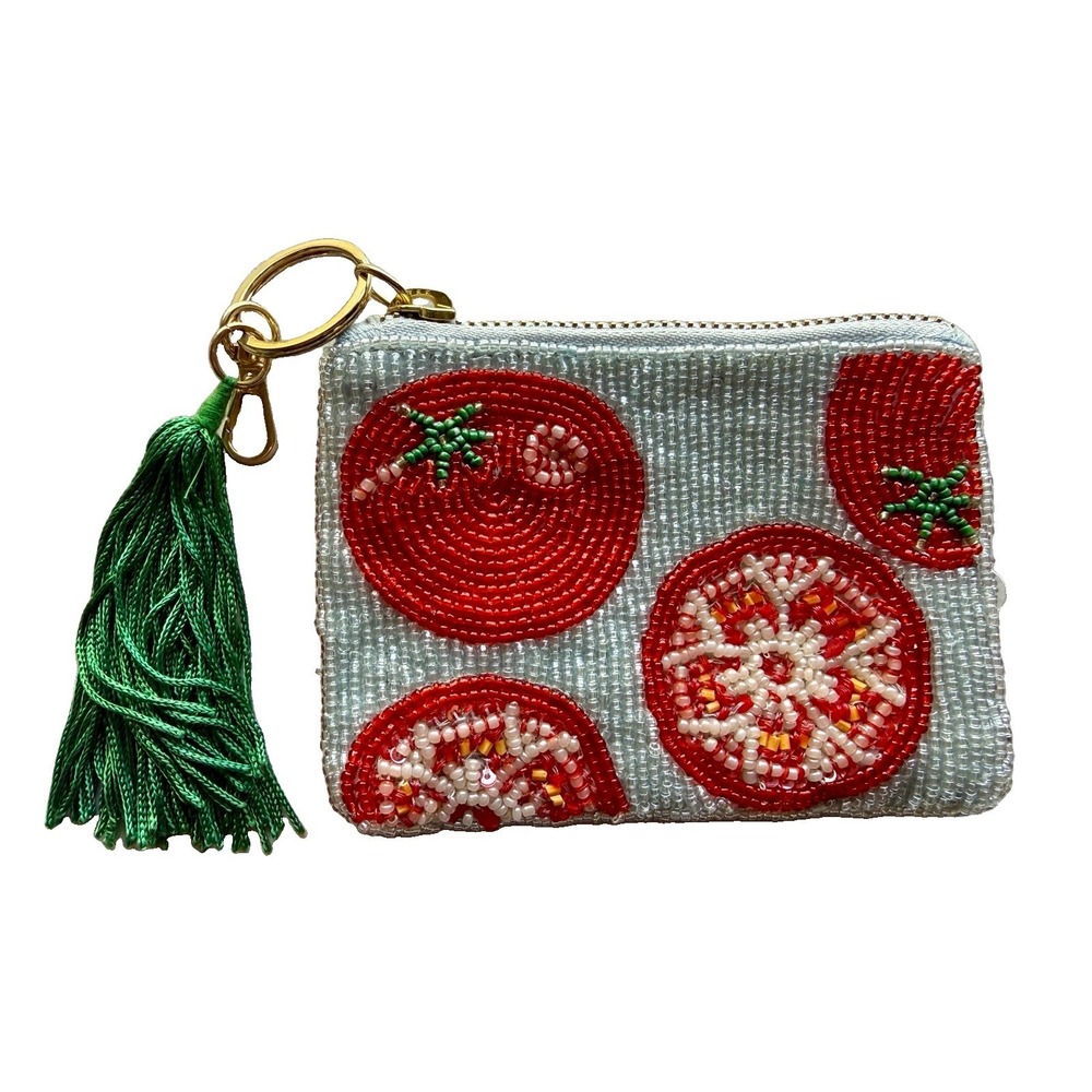 Anthropologie Beaded Coin Purse Red Tomato Green Tassel Keychain